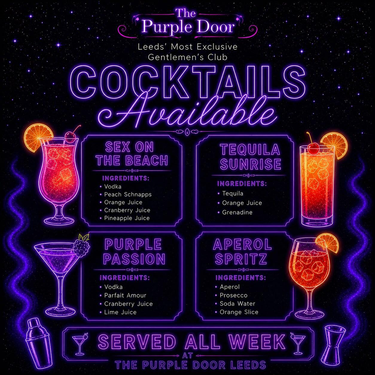 Cocktails at The Purple Door Leeds — Sex on the Beach, Tequila Sunrise, Purple Passion and Aperol Spritz, served all week