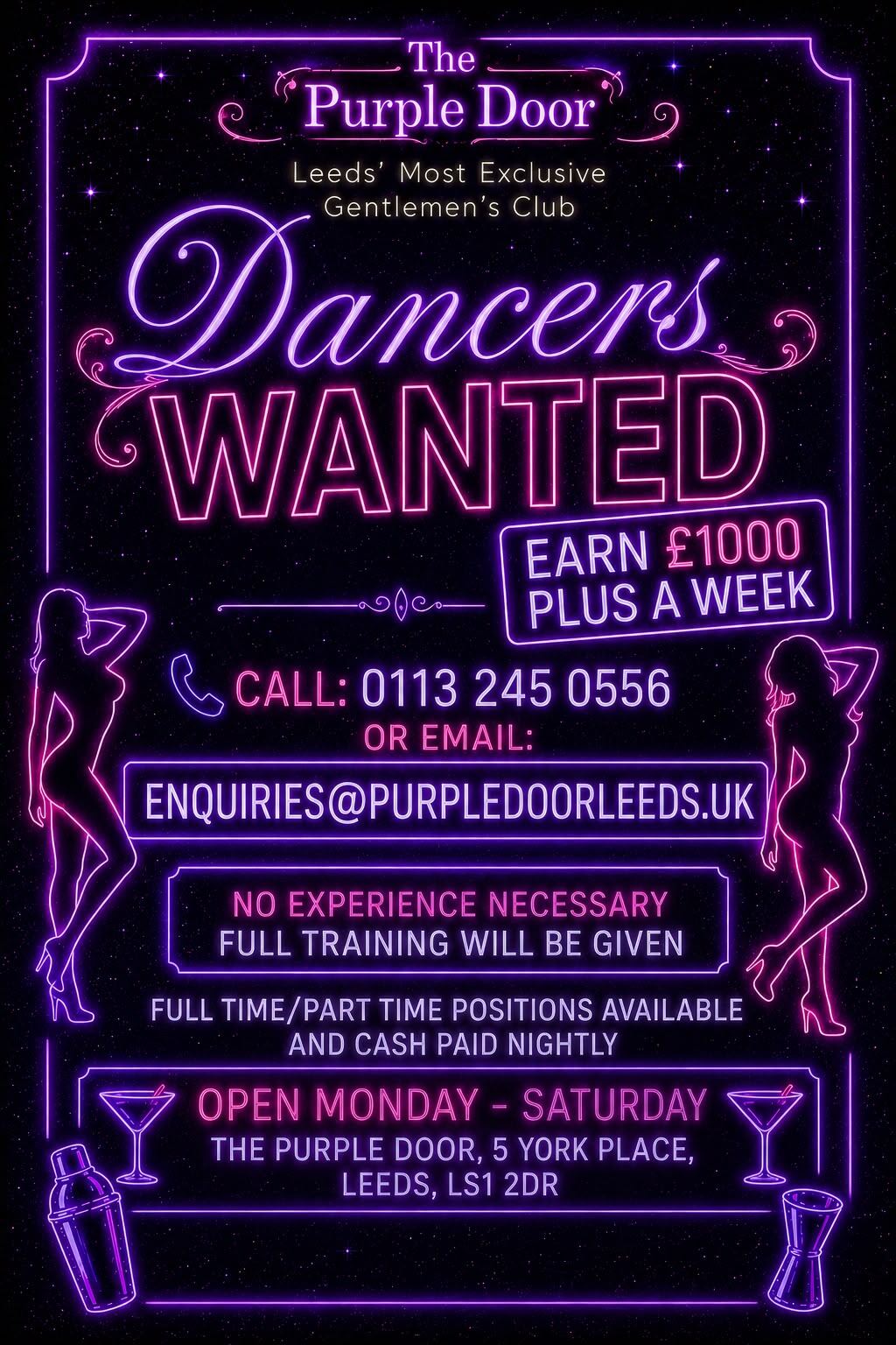 Dancers wanted at The Purple Door Leeds — earn £1000 plus a week, no experience necessary, full training given